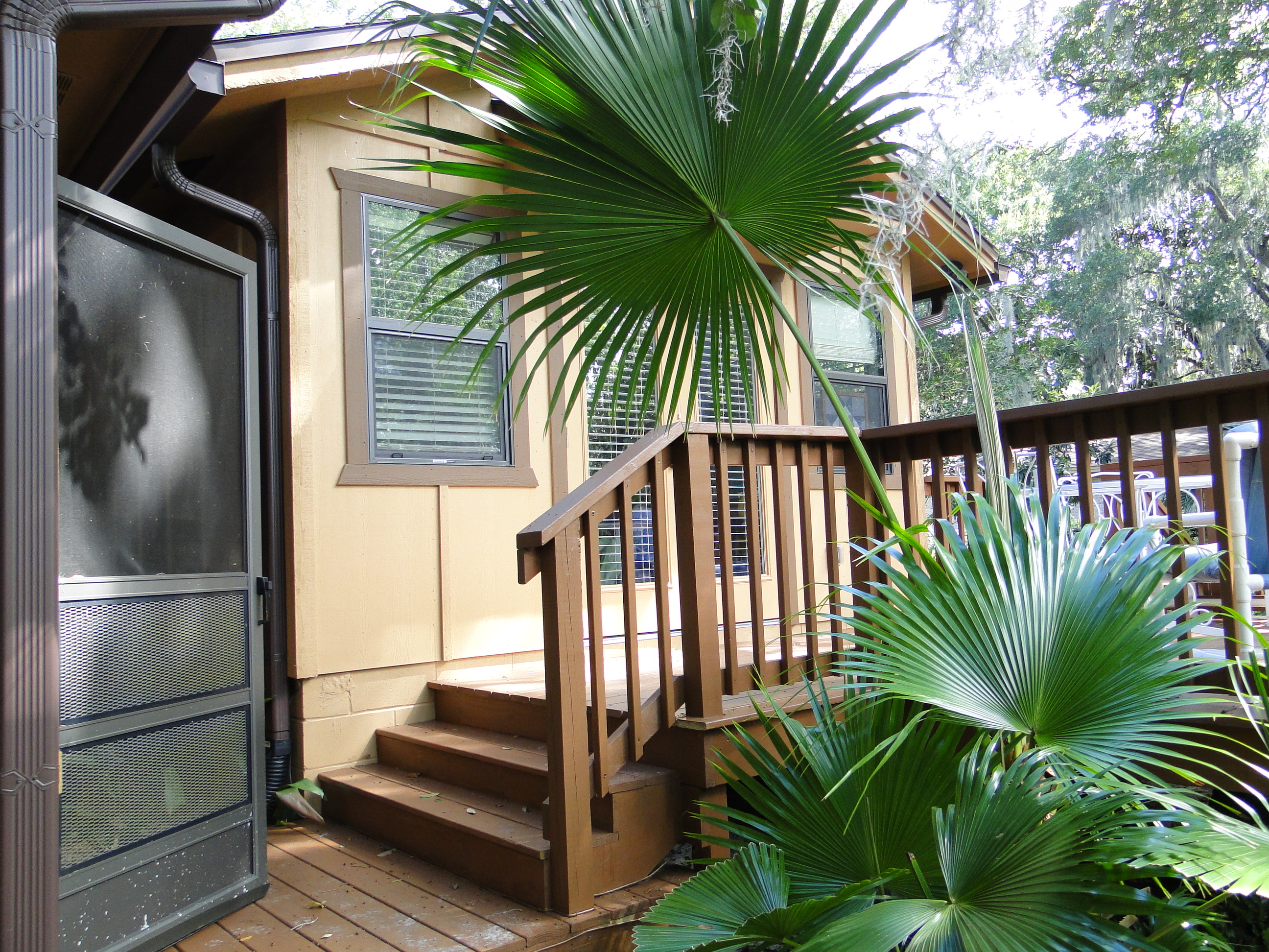 Steps down from the new deck leading in to the existing screened room.